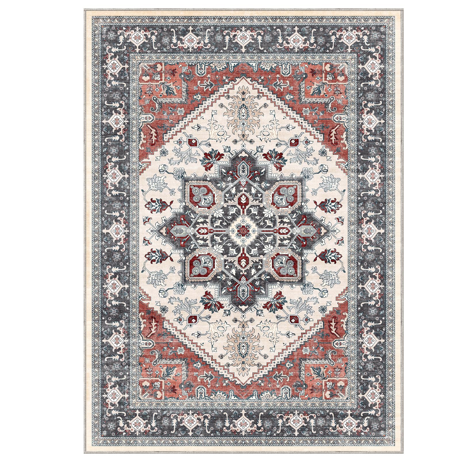OPPODREAM Soft Area Rugs 10x14, Persian-Inspired Washable Rug, Black & Red