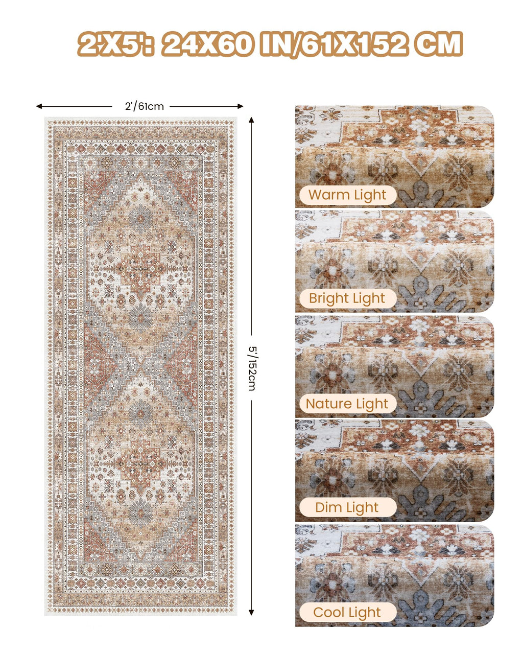 Restydon 2x5 Rug Runner Non-Slip Washable Rugs for Entryway, Orange