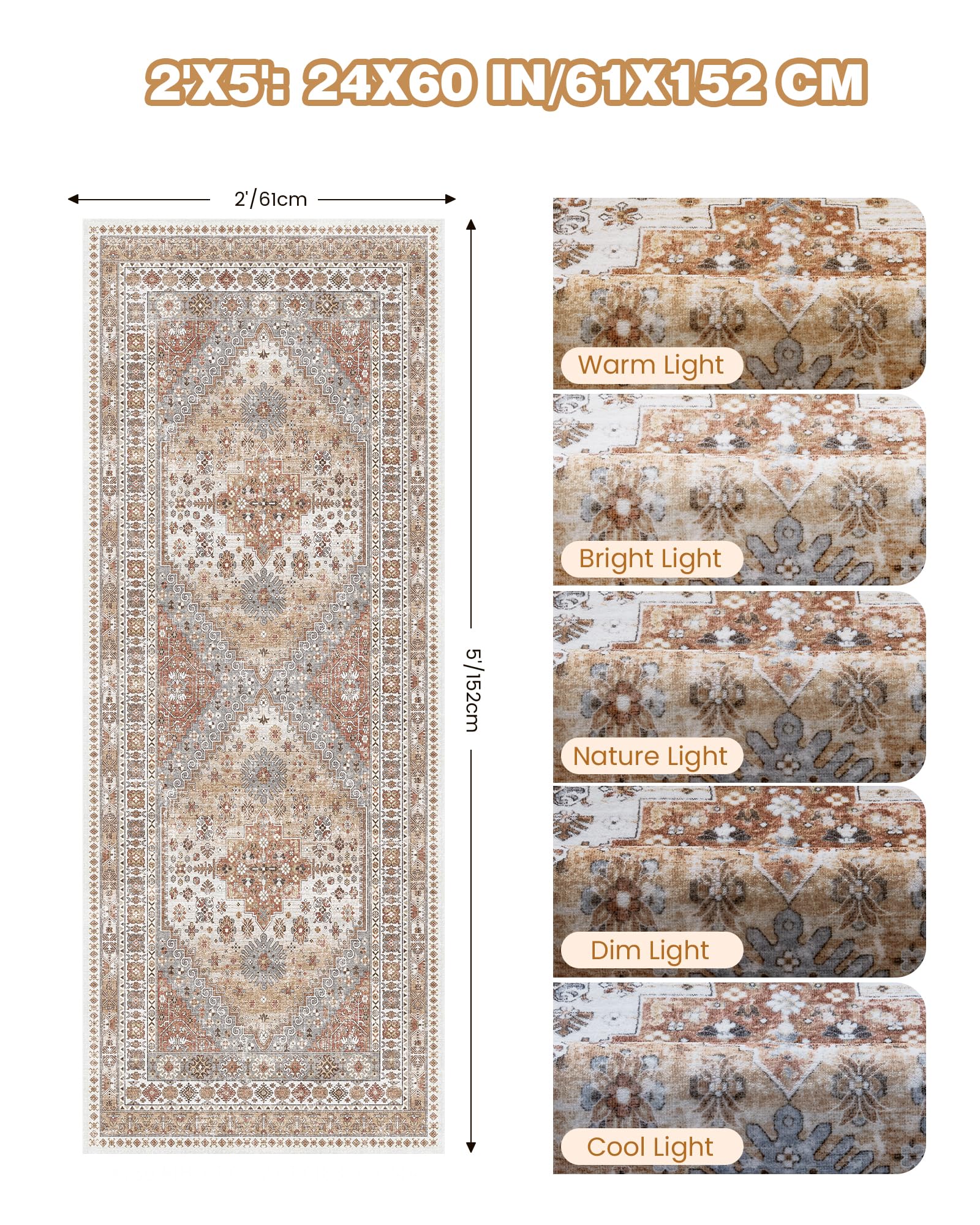 Restydon 2x5 Rug Runner Non-Slip Washable Rugs for Entryway, Orange