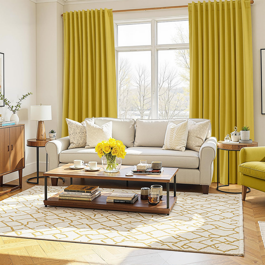 Guken 100% Blackout Curtains 84 Inch Length 2 Panels Set for Living Room Bedroom Back Tab Thermal Insulated Black Out Linen Drapes Room Darkening Celery Yellow,52x84