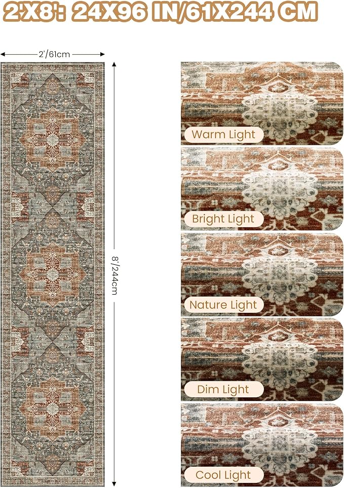 Restydon Runner Rug 2x8 Runners for Hallways Washable Rugs, Grey/Brown/Tan