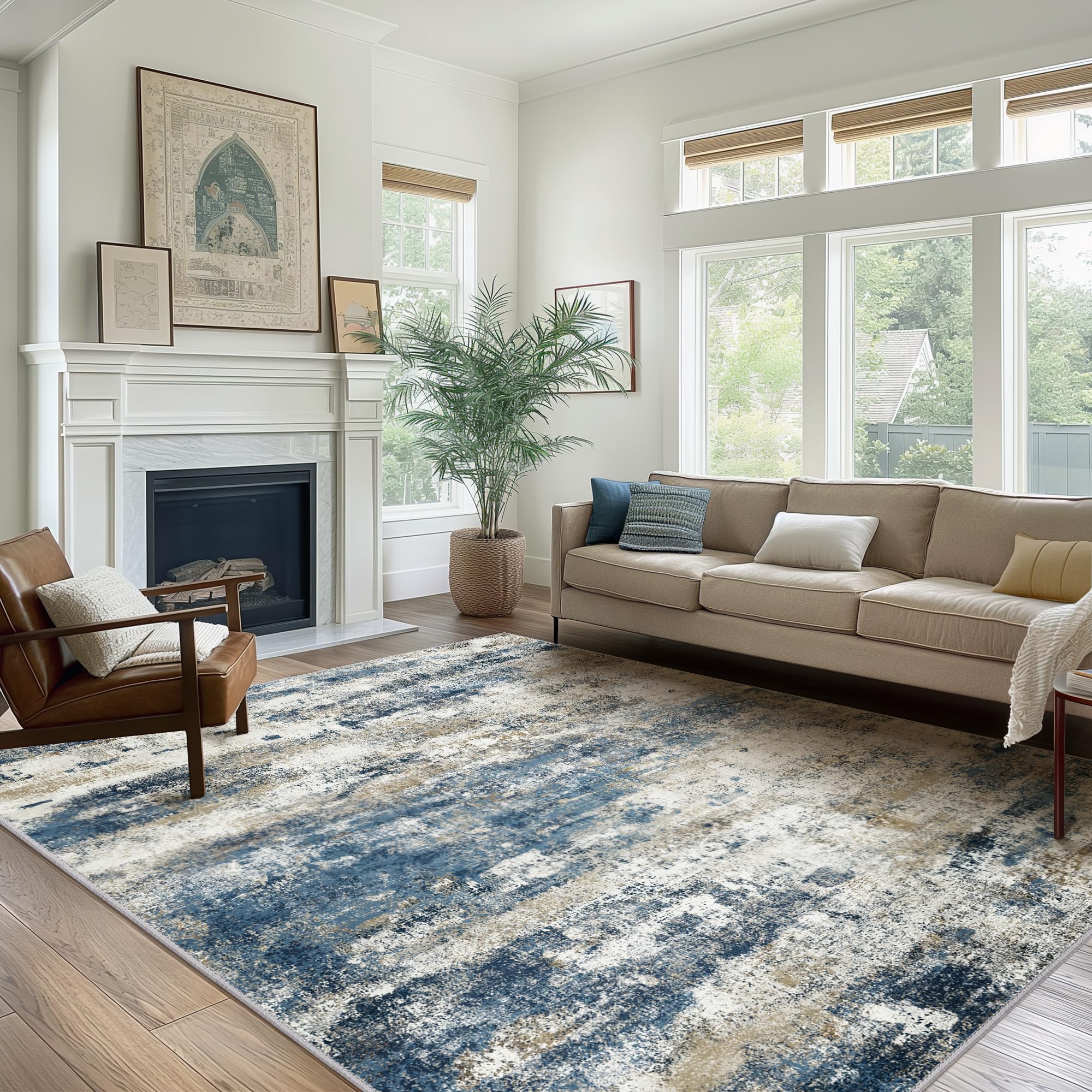 BEIMO 5x7 Area Rugs for Bedroom, Navy Beige Washable Abstract Non Slip Rug