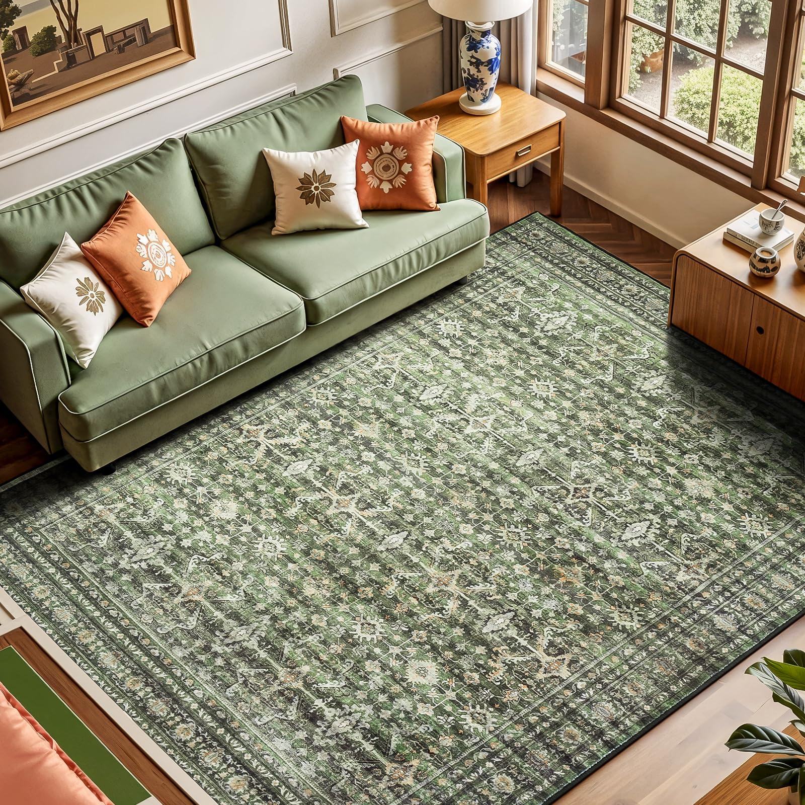 6x9 Area Rugs for Living Room Bedroom, Green Washable Non-Slip Carpet