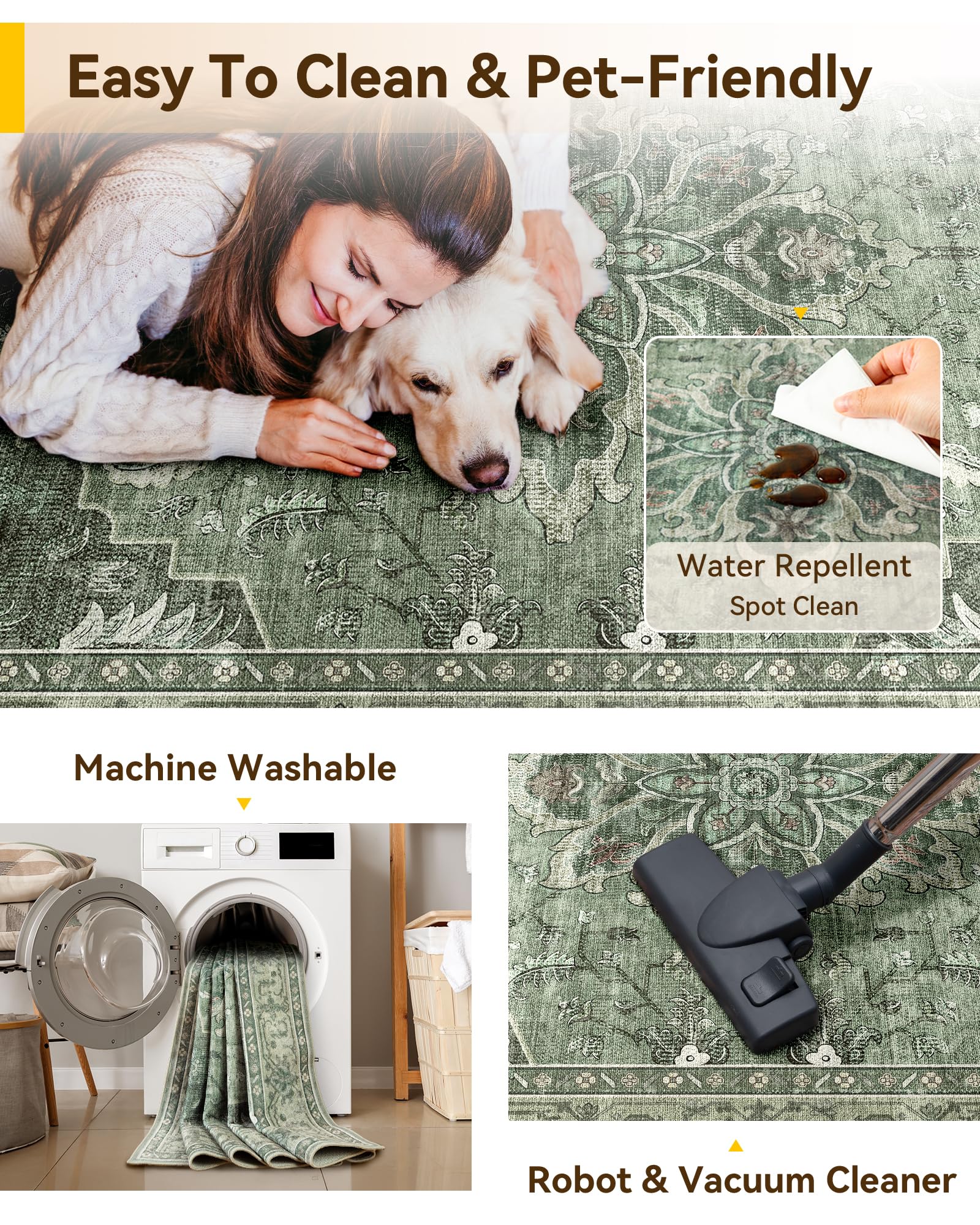 RELEANY Washable Area Rug, 4'x6', Green/Dark Green/Gray