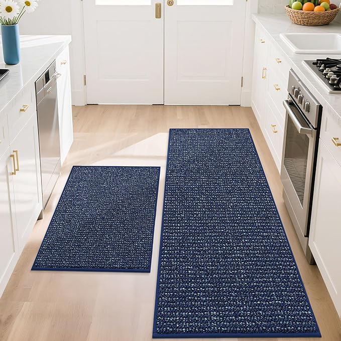 BEQHAUSE Kitchen Rugs and Mats 2PCS Non-Slip, 20"x32"+20"x48", Blue