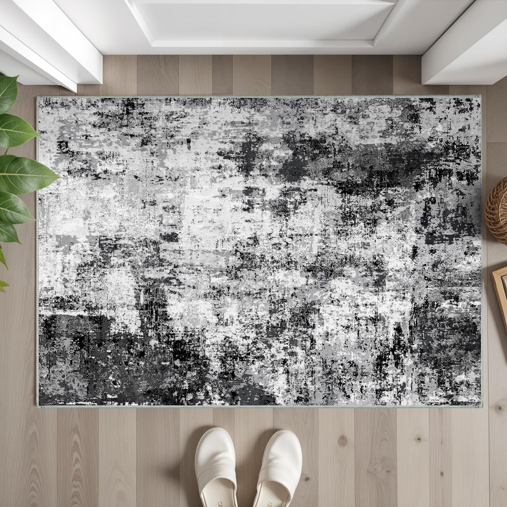 WIEVEDENS 2x3 Small Washable Area Rug: Non-Slip Indoor Door Mat for Entrance Doorway Kitchen Bedroom Living Room - Abstract Farmhouse Throw Rug for Modern Home Decor Black Grey