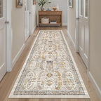 Madane Runner Rug 2'6''x8' Kitchen Runner, Hallway Runner Printed Vintage Washable Rugs Soft Non-Slip Low Pile 2.5x8 ft Runners for Hallways Laundry Room Rug Distressed Rug, Brown/Gold