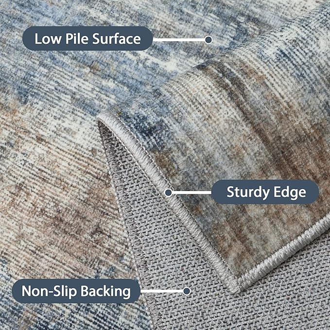 Area Rugs 8x10 for Living Room Bedroom, Modern Abstract Machine Washable Rug, Large Soft Low Pile Floor Carpet with Non Slip Backing for Dining Room, Denim Blue/Taupe