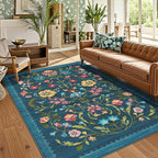 GarveeHome Washable Rug 8x10 Area Rugs for Living Room, Floral Rug for Bedroom, Soft Vintage Non Slip Throw Rugs with Rubber Back, Low Pile Stain Resistant Boho Floral Carpet for Dining Room, Blue
