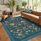 GarveeHome Washable Rug 8x10 Area Rugs for Living Room, Floral Rug for Bedroom, Soft Vintage Non Slip Throw Rugs with Rubber Back, Low Pile Stain Resistant Boho Floral Carpet for Dining Room, Blue