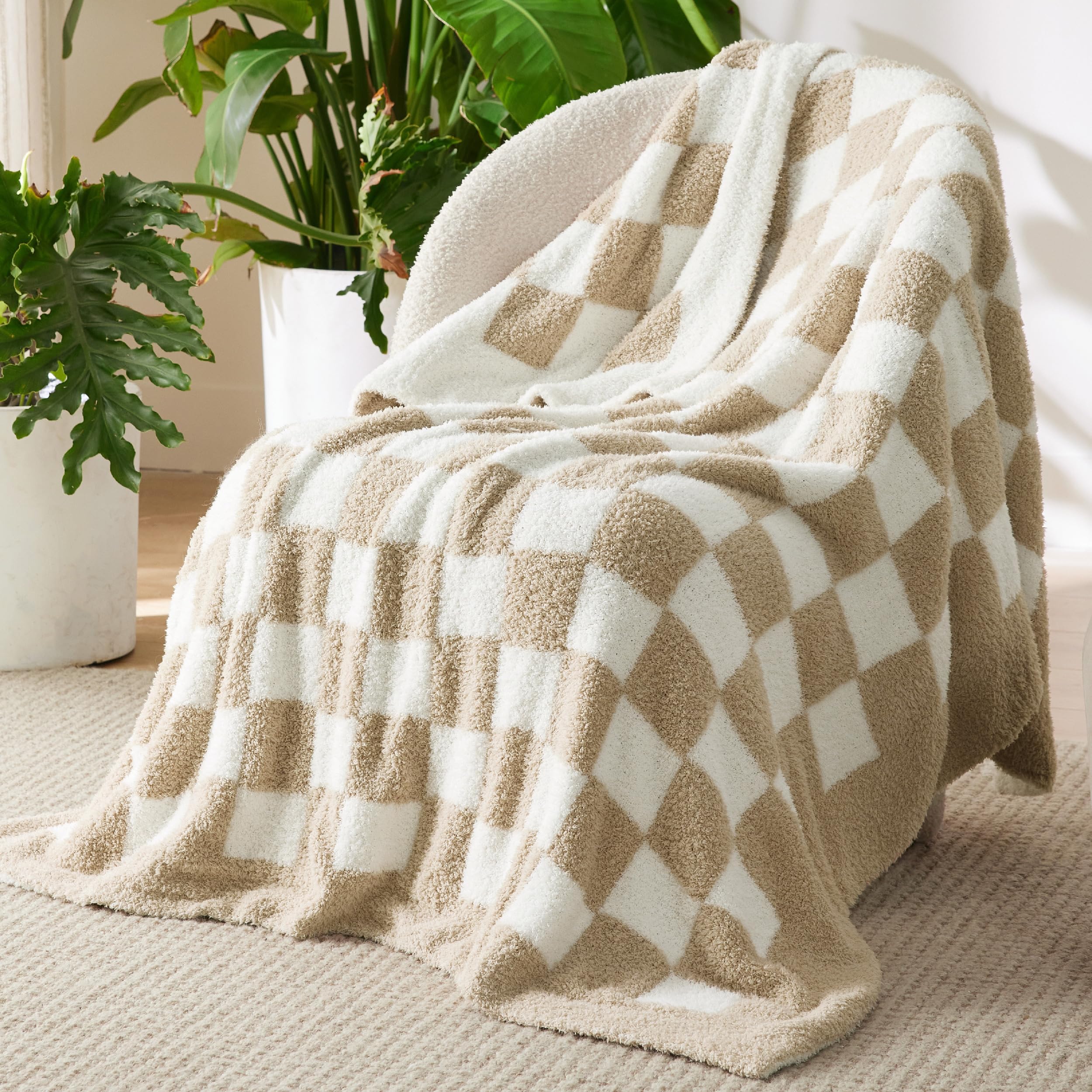 Bedsure GentleSoft Checkered Twin Blanket for Couch, Super Soft Cozy & Warm Knit Throw Blanket, Lightweight & Fluffy Plaid Blankets for Bedding, Sofa, Gifts for Women Men, Beige, 60x80 Inches