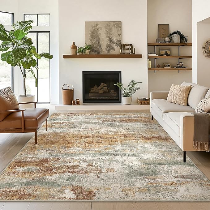Area Rugs 5x8 for Living Room Bedroom, Modern Abstract Machine Washable Rug, Large Soft Low Pile Floor Carpet with Non Slip Backing for Dining Room, Orange Green