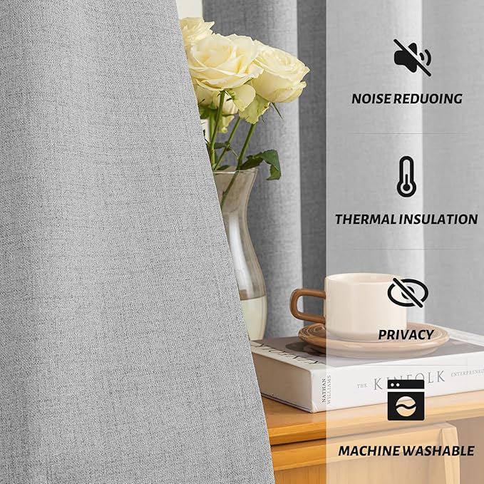 Yakamok Dove Grey Linen Curtains 100% Blackout 63 Inches Long,Room Darkening Textured Curtains for Living Room Thermal Grommet Bedroom Drapes 2 Panels with Greyish White Liner