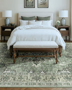 Area Rugs 10'x14' Washable Non-Slip, Floral Vintage Distress Print Pattern Medallion Carpet for Living Room Bedroom Dining Room, Dark Green Gray