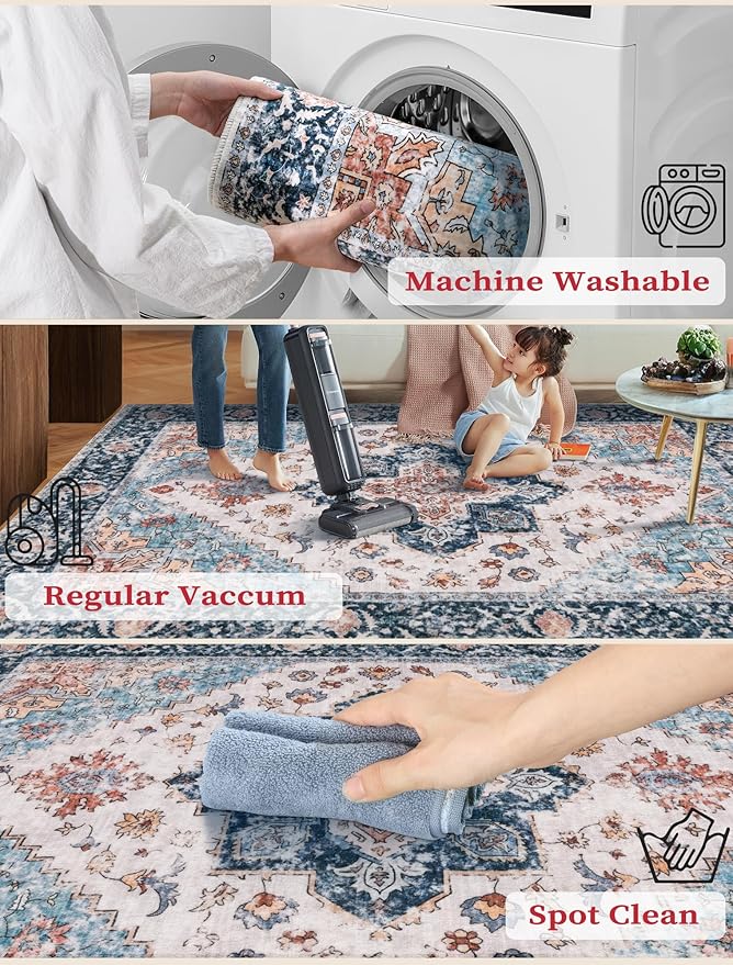 SERISSA Boho Washable Runner Rug, 2x5 Rug Non-Slip Vintage Blue Orange Hallway Kitchen Runner Rug Ultra Soft Print Distressed Tribal Floor Carpet for Bedroom Bathroom Laundry Room