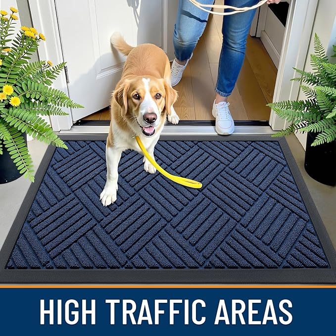 OLANLY Front Door Mat Outside Entrance 71x47, Absorbent, Heavy Duty Sturdy Natural Rubber Doormat Indoor Outdoor, Stain Fade Resistant, Non-Slip Low Profile Floor Mat for Entryway, Navy Blue Diamond
