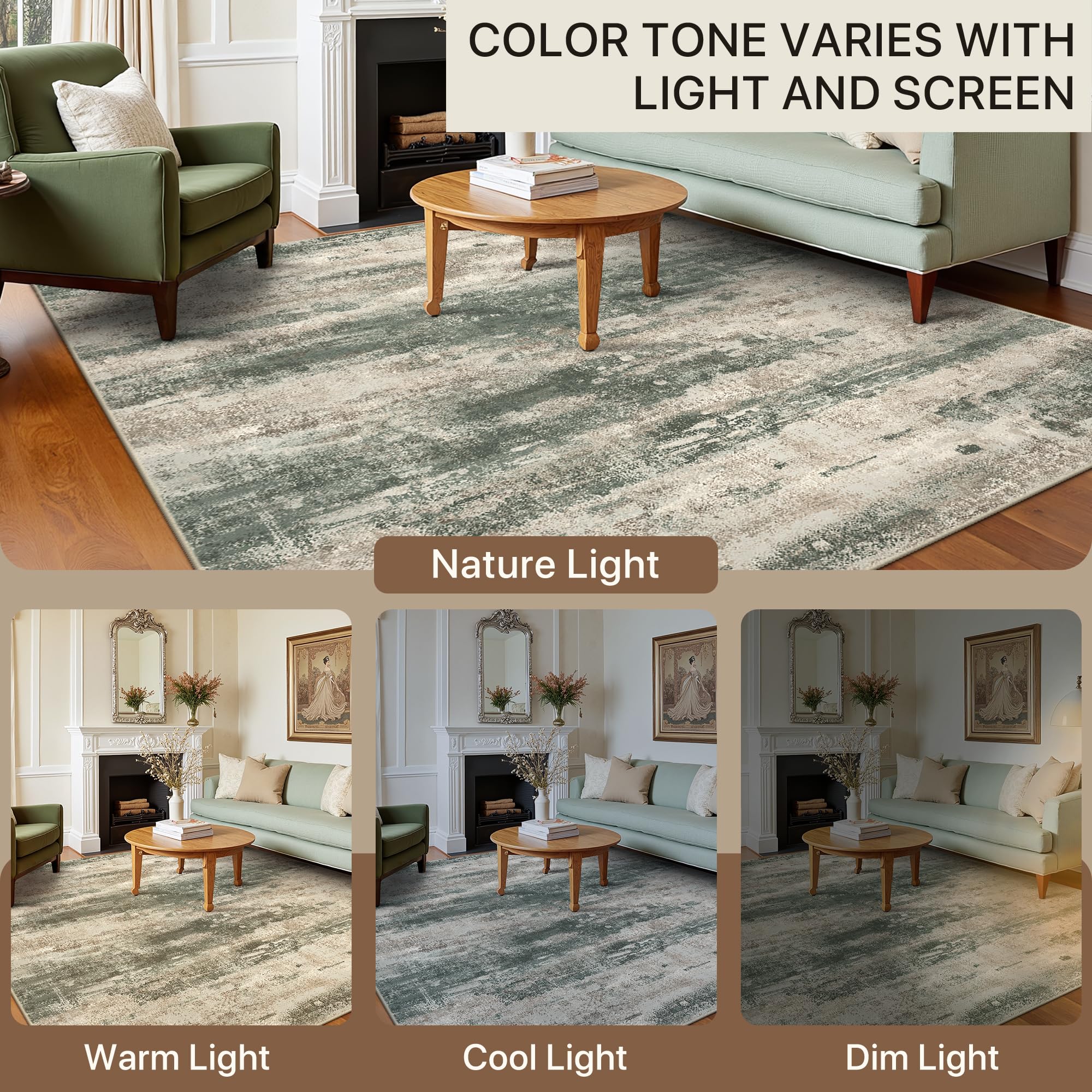 BEIMO 5x7 Area Rug for Bedroom, Green Washable Abstract Reversible Rug