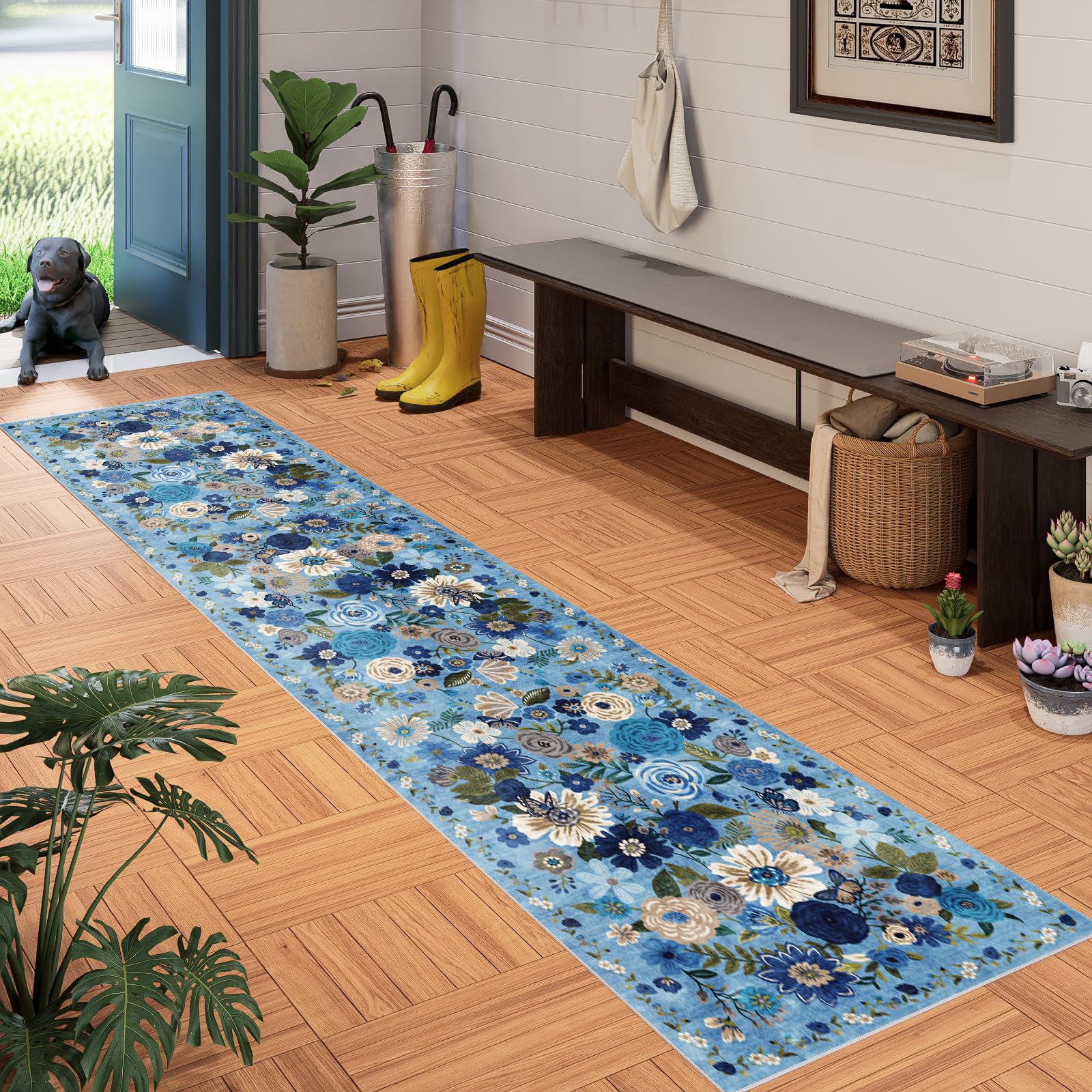 Babovid Blue Garden Floral Hallway Runner Rug 2x10 for Kitchen Bathroom