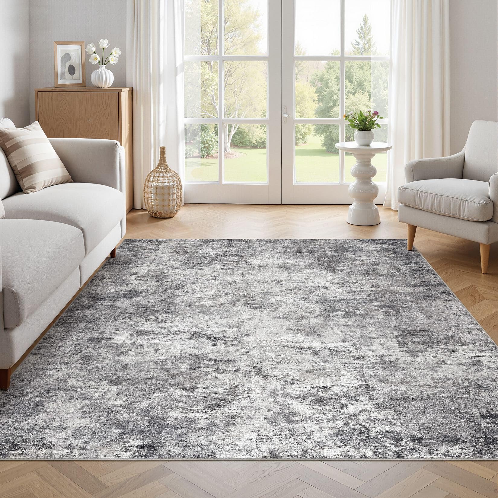UERMEI Square Area Rugs: Washable 6x6 Neutral Modern Abstract Carpet for Living Room Bedroom - Soft Floor Mat with Non Slip Backing for Kitchen Nursery Dorms Farmhouse Home Decor - Grey