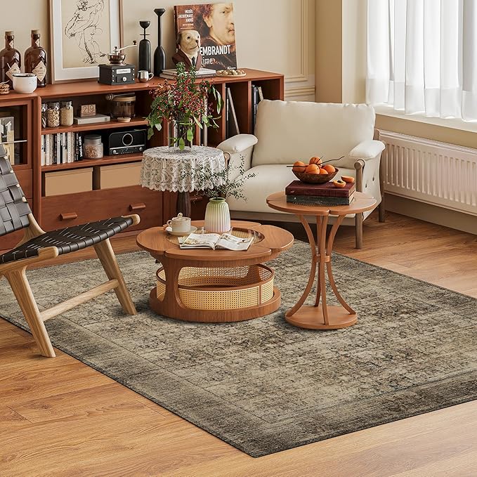 Washable Area Rug 6' x 9' Vintage Traditional Persian Mat - Foldable Distressed Non-Slip Machine Washable Carpet for Living Room Bedroom Kitchen Home Decor - Mocha and Taupe