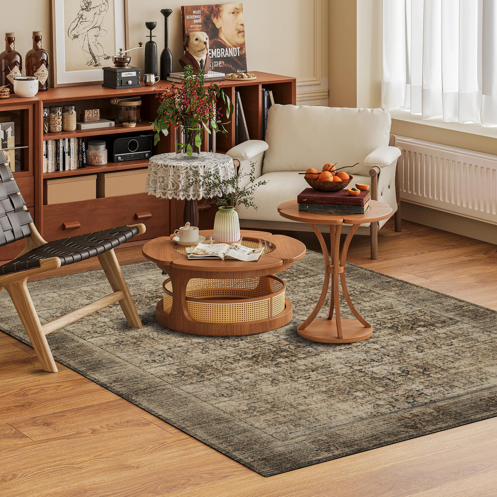 Washable Area Rug 6' x 9' Vintage Traditional Persian Mat - Foldable Distressed Non-Slip Machine Washable Carpet for Living Room Bedroom Kitchen Home Decor - Mocha and Taupe