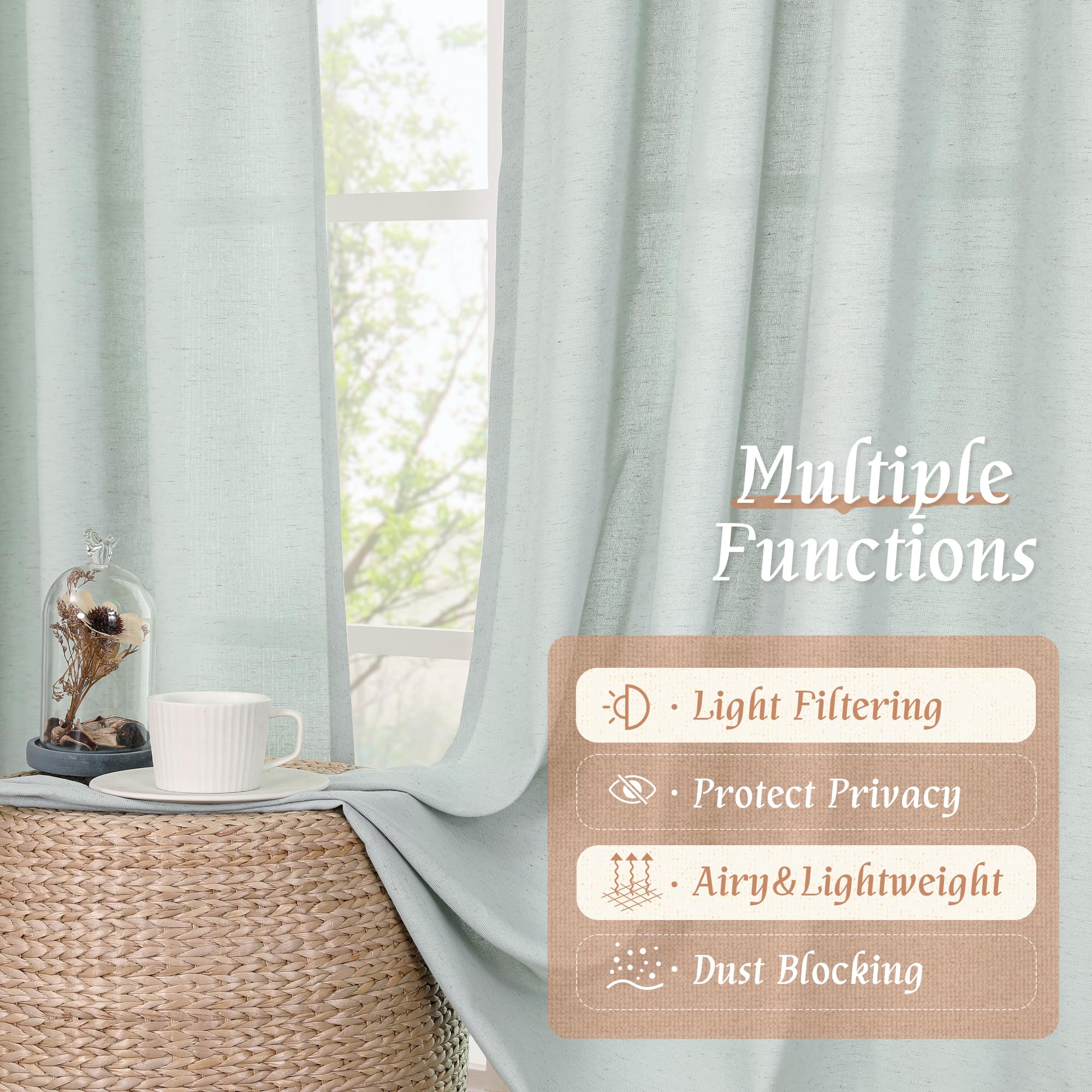 LAMIT Light Filtering Linen Curtains 63 Inch Length for Bedroom, Light Blue