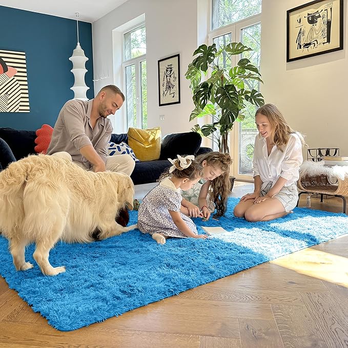 OLANLY 2x5 Machine Washable Runner Rugs for Hallway, Soft Fluffy Shaggy Bedside Rugs for Bedroom, Living Room, Indoor Floor Carpet for Kids Girls and Boys, Home Decor Aesthetic, Bright Blue