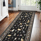 2x5 Washable Kitchen Runner Rug - Soft Low Pile Floral Animal Cat Print Rugs with Non-Slip Backing Waterproof Stain-Resistant Indoor Carpet for Hallway Entryway Bathroom Bedroom (Black)