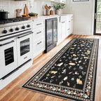 3x7 Washable Kitchen Runner Rug - Soft Low Pile Floral Animal Cat Print Rugs with Non-Slip Backing Waterproof Stain-Resistant Indoor Carpet for Hallway Entryway Bathroom Bedroom (Black)
