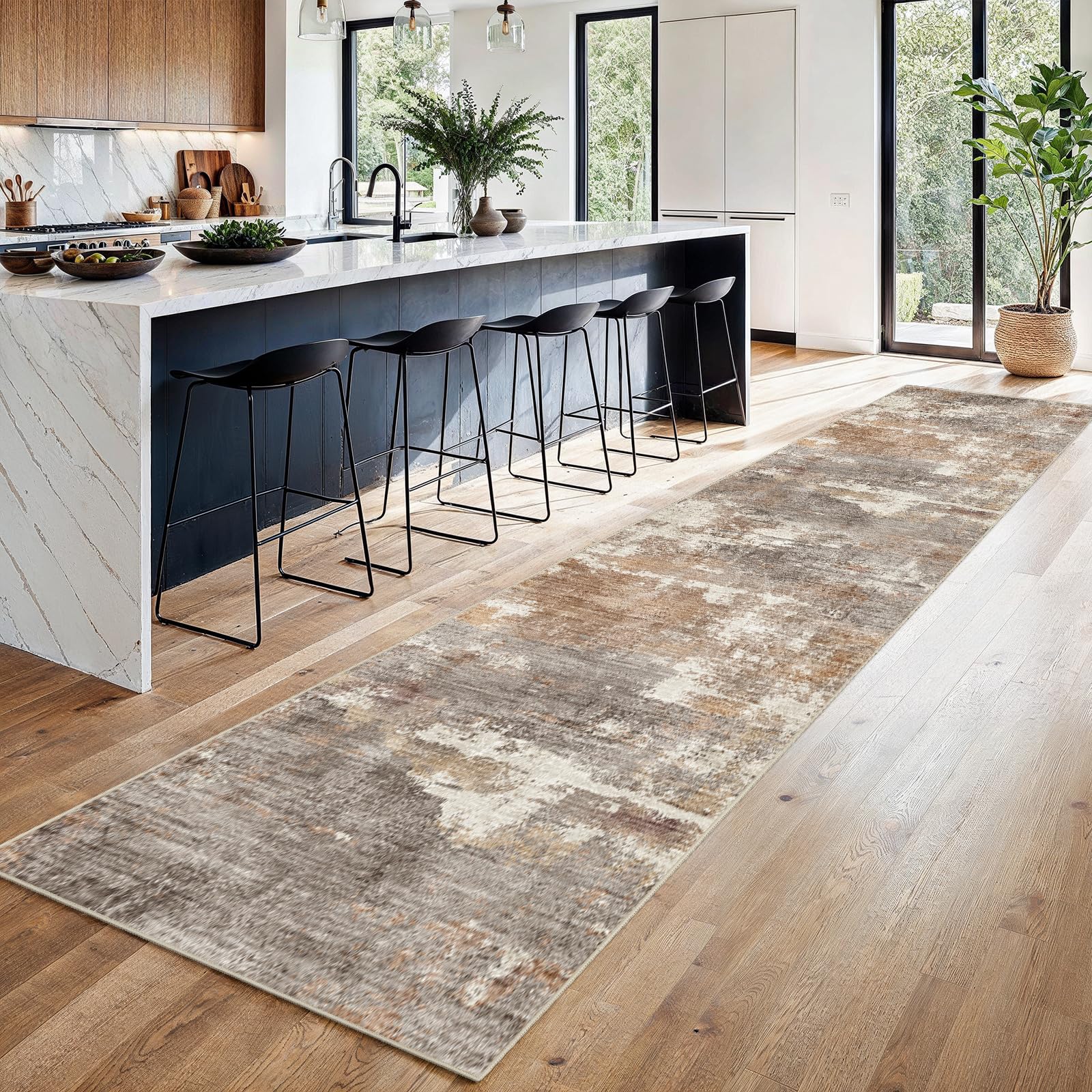 2'6x14 Runner Rug Washable Abstract: Non Slip Hallway Floor Mat Brown/Brick