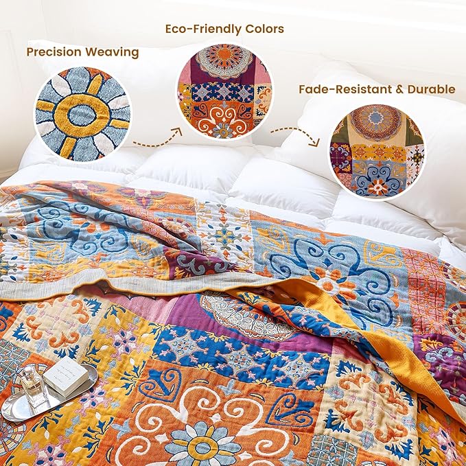 MSGKV Boho Throw Blanket for Bed 60"x80" 100% Cotton Couch Blanket Spring Breathable Lightweight Twin Size Blankets Home Decor Muslin All Seasons
