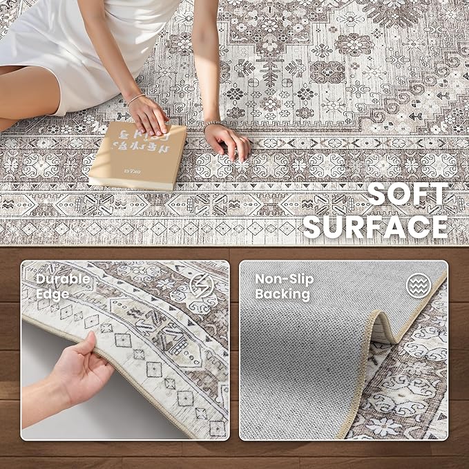 zesthome 8x12 Area Rugs,Stain Resistant Washable Rug,Ultra-Thin Rugs for Living Room,Bedroom,Non-Slip Backing Home Decor Large Area Rug (Brown/Beige,8'x12')