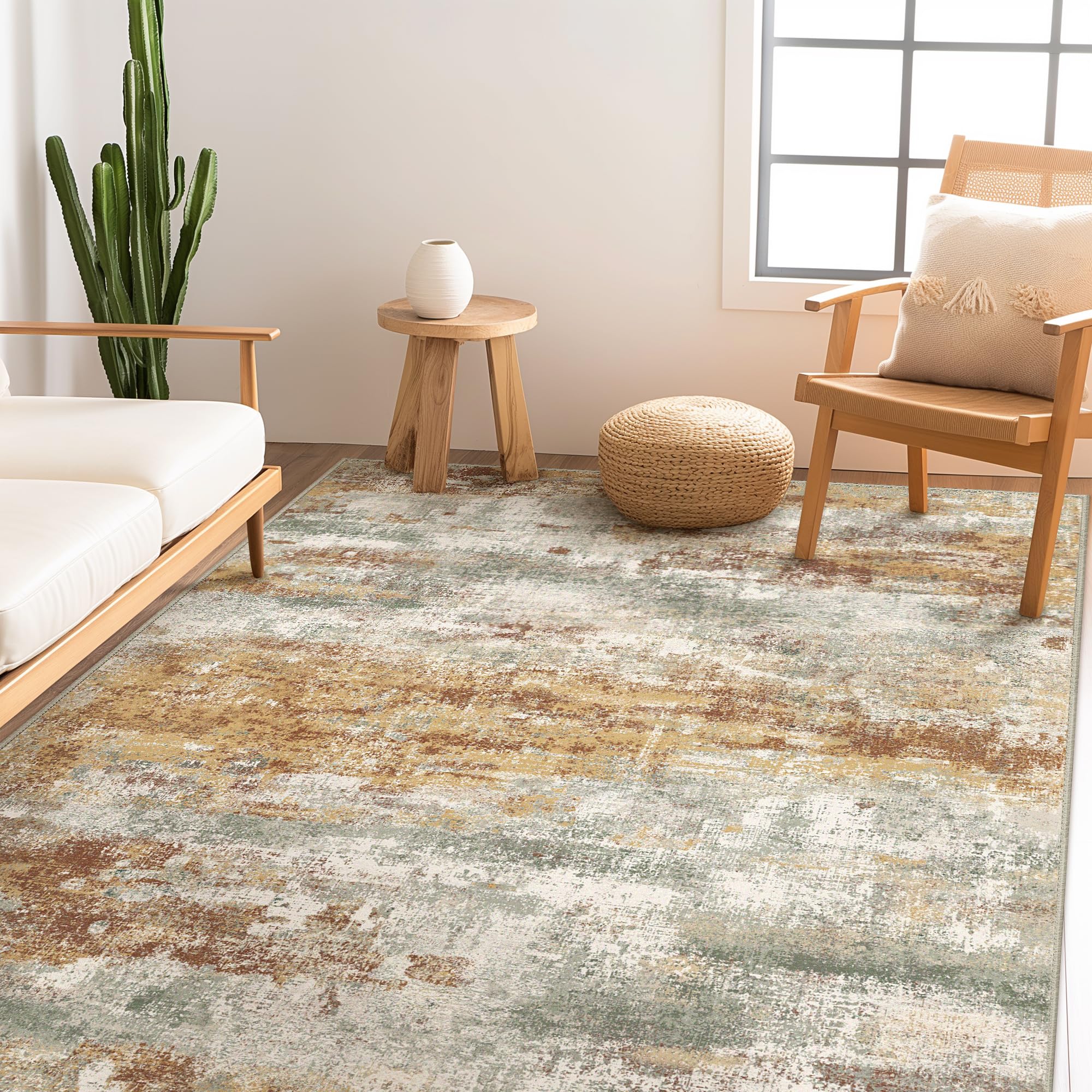 BEIMO 5x7 Area Rug for Bedroom, Orange Green Washable Abstract Non Slip Rug