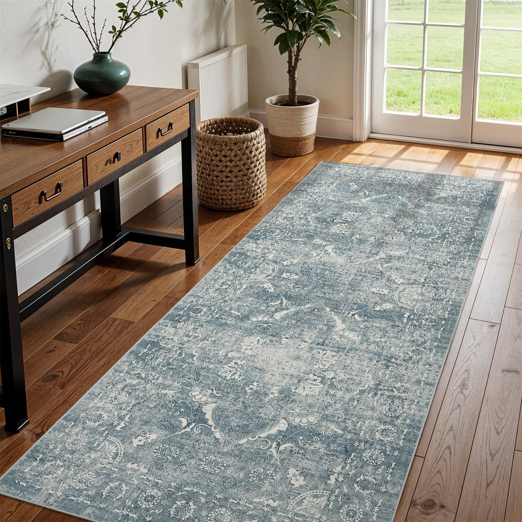 EISUROM 3x8 Washable Runner Rug: Vintage Medallion Kitchen Soft Rugs Blue