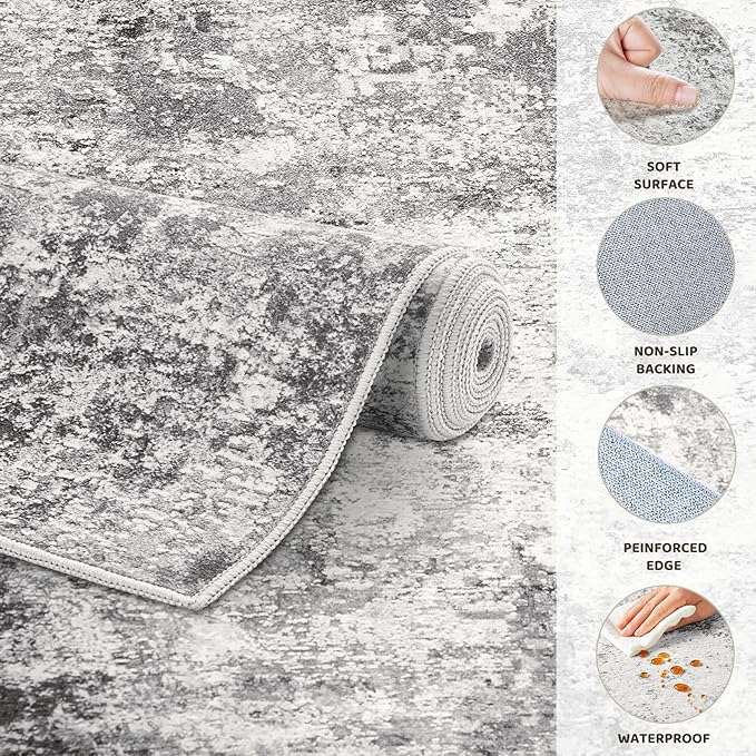 UERMEI 5ft Round Area Rug Living Room Rugs - 5x5 Washable Neutral Modern Abstract Soft Thin Rug Indoor Floor No Slip Rug Carpet for Bedroom Under Dining Table Home Office Decor - Grey