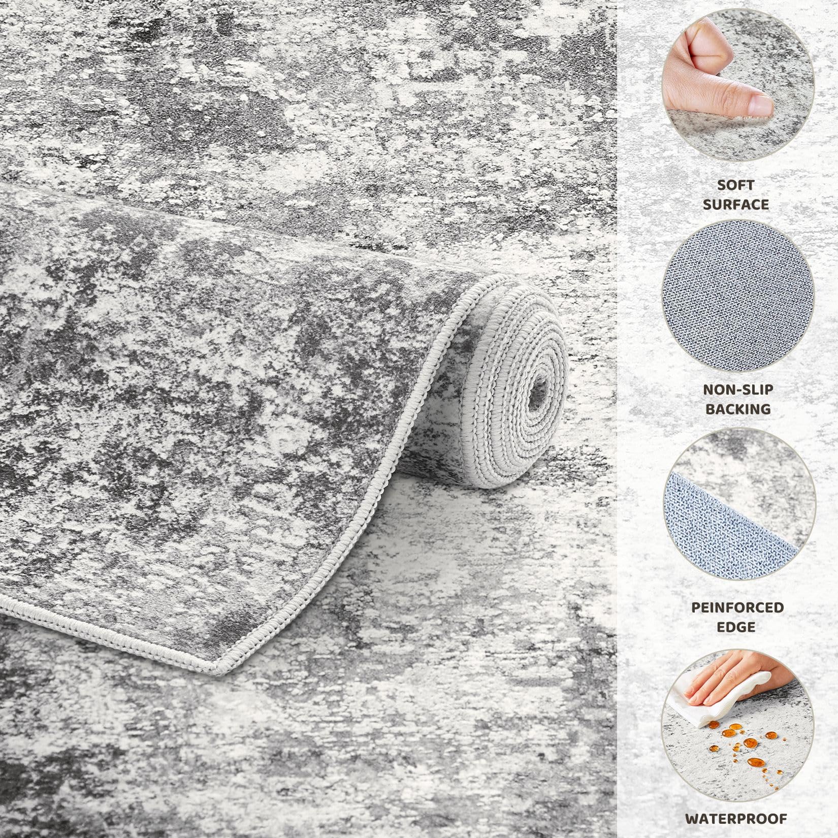 UERMEI 10ft Round Area Rug Living Room Rugs - 10x10 Washable Large Neutral Modern Abstract Soft Thin Rug Indoor Floor No Slip Rug Carpet for Bedroom Under Dining Table Home Office Decor - Grey