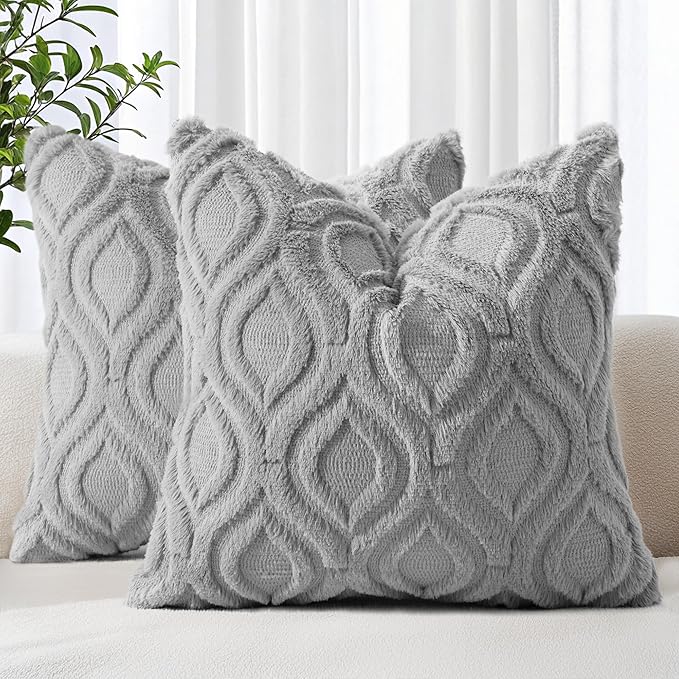 decorUhome Throw Pillow Covers 22x22 Inch Set of 2, Soft Plush Faux Wool Grey Solid Couch Pillow Covers, Accent Euro Sham Farmhouse Neutral Square Pillow Cases for Sofa Bed Living Room