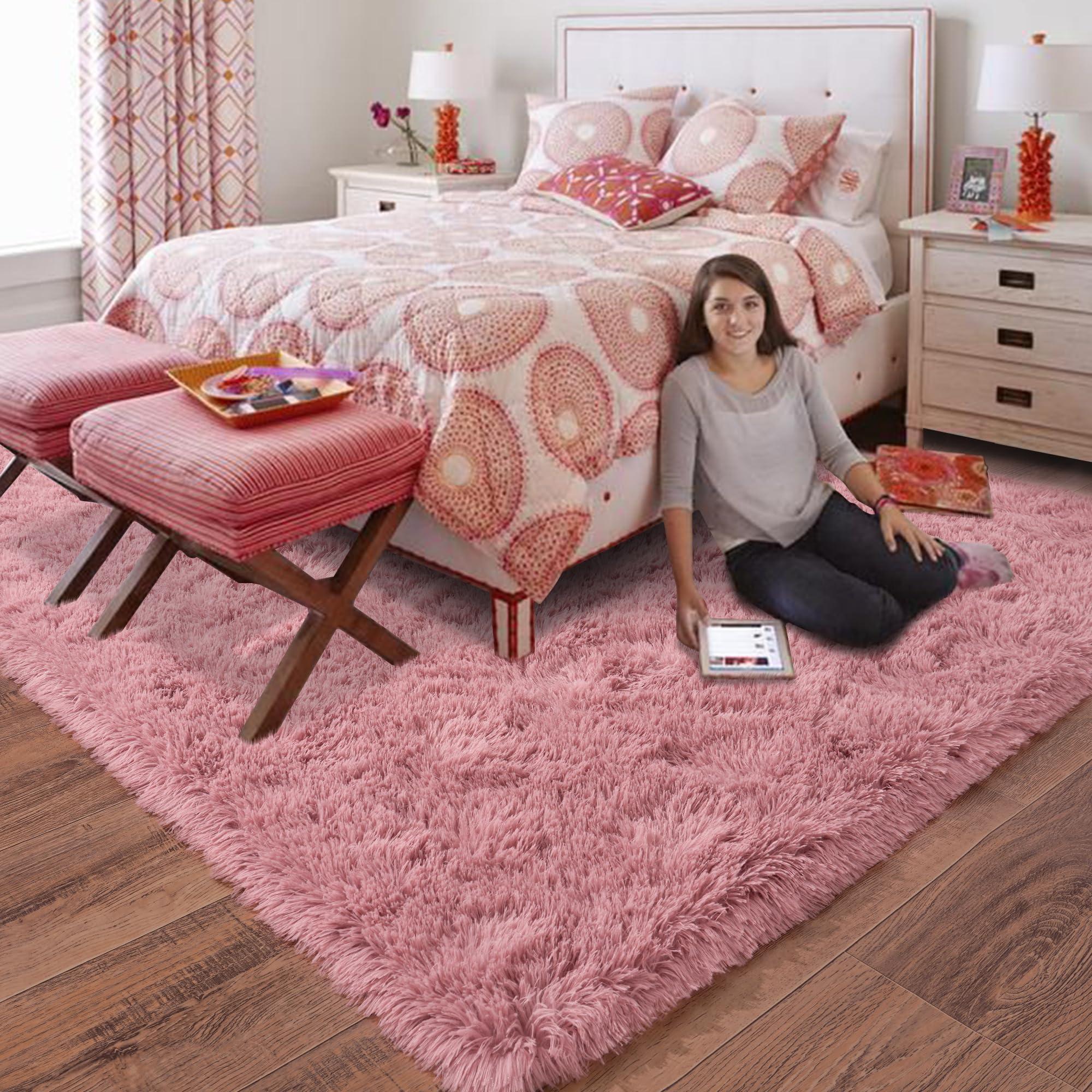 Quntue Rugs for Living Room 8x10, Soft Shaggy Modern Shag Area Rug for Bedroom, Upgrade Non-Slip Plush Fluffy Carpet for Kids Boys Girls Room Home Decor Aesthetic, Blush