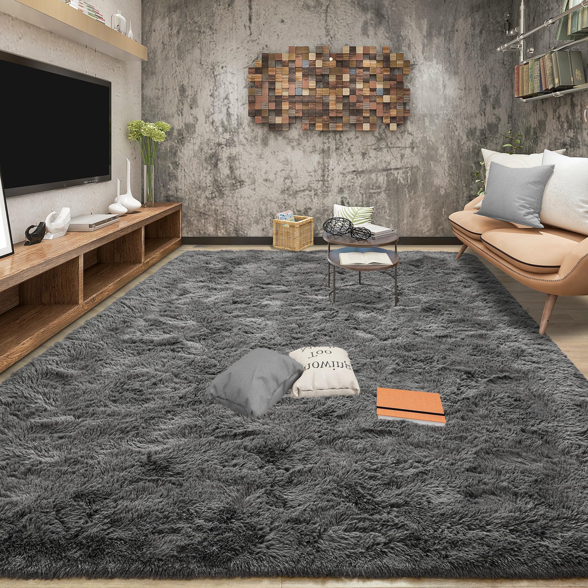 Tepook Area Rugs 9x12 for Living Room, Super Soft Fluffy Rugs for Bedroom, Modern Shaggy Rug Fuzzy Carpets for Kids, Plush Indoor Nursery Home Decor Rug with Non-Slip Bottom, Dark Grey