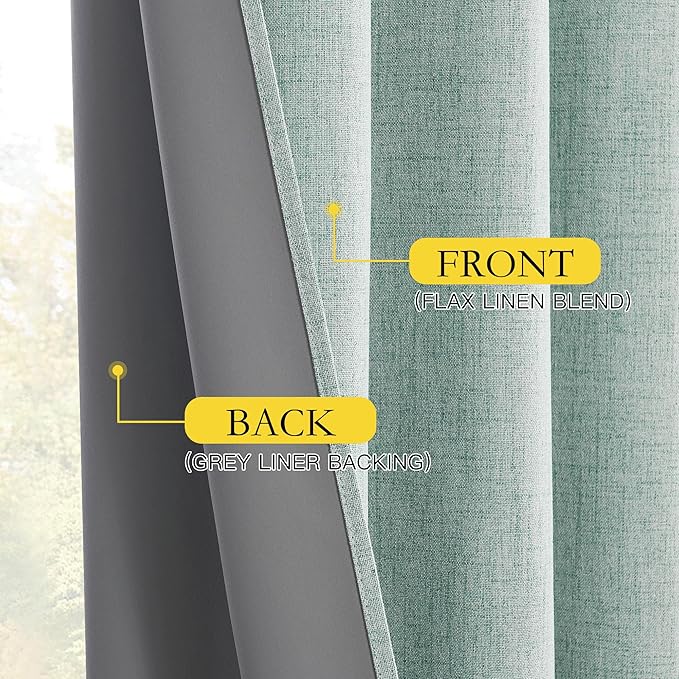 NICETOWN 100% Absolutely Blackout Linen Curtains with Thermal Insulated White Liner, Seafoam Green, 52 inches Wide, 84 inches Length Energy Saving Drapes for Living Room 2 Panels Set, Vertical Blinds