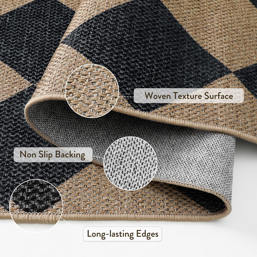 Lahome Checkered Easy Jute Non Slip Front Door Mat, 2x3 Kitchen Rug Neutral Small Throw Rug, Farmhouse Diamond Washable Non Shedding Low Pile Black Floor Carpet for Entryway Front Porch Doorway