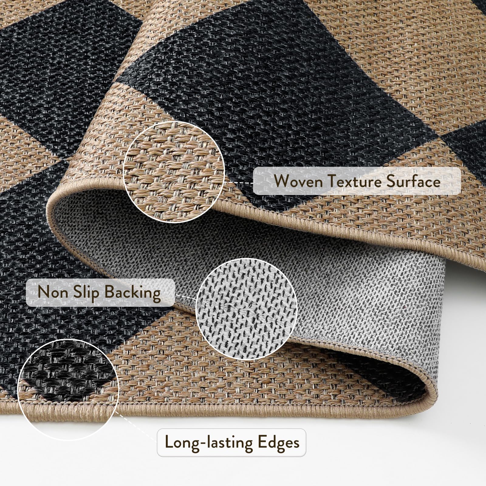 Lahome Checkered Easy Jute Non Slip Front Door Mat, 2x3 Kitchen Rug Neutral Small Throw Rug, Farmhouse Diamond Washable Non Shedding Low Pile Black Floor Carpet for Entryway Front Porch Doorway