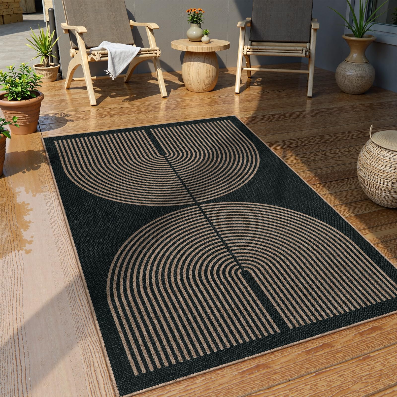 Lahome Modern Rainbow Easy Jute Outdoor Patio Rug, 3x5 Black Office Rug