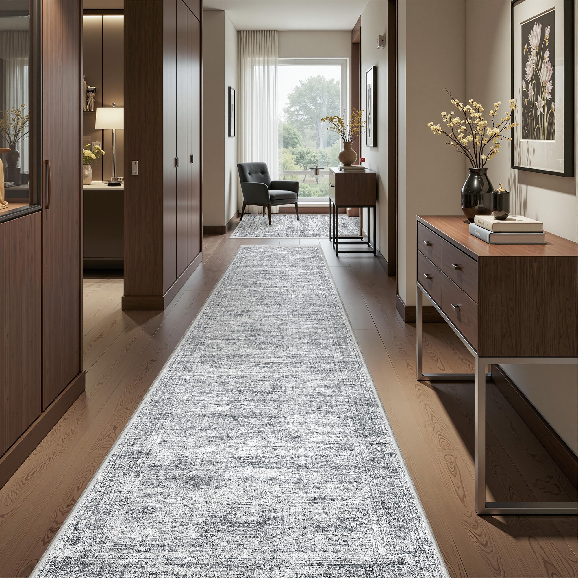 Restydon 2x12 Runner Rug Non Slip,Washable Hallway Runner Rug,Grey