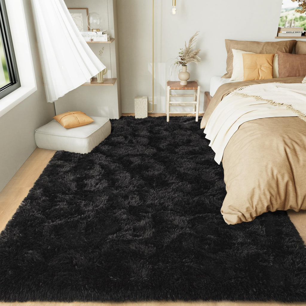 LOCHAS 5x8 Area Rugs Fluffy Living Room Carpets for Kids Bedroom, Black