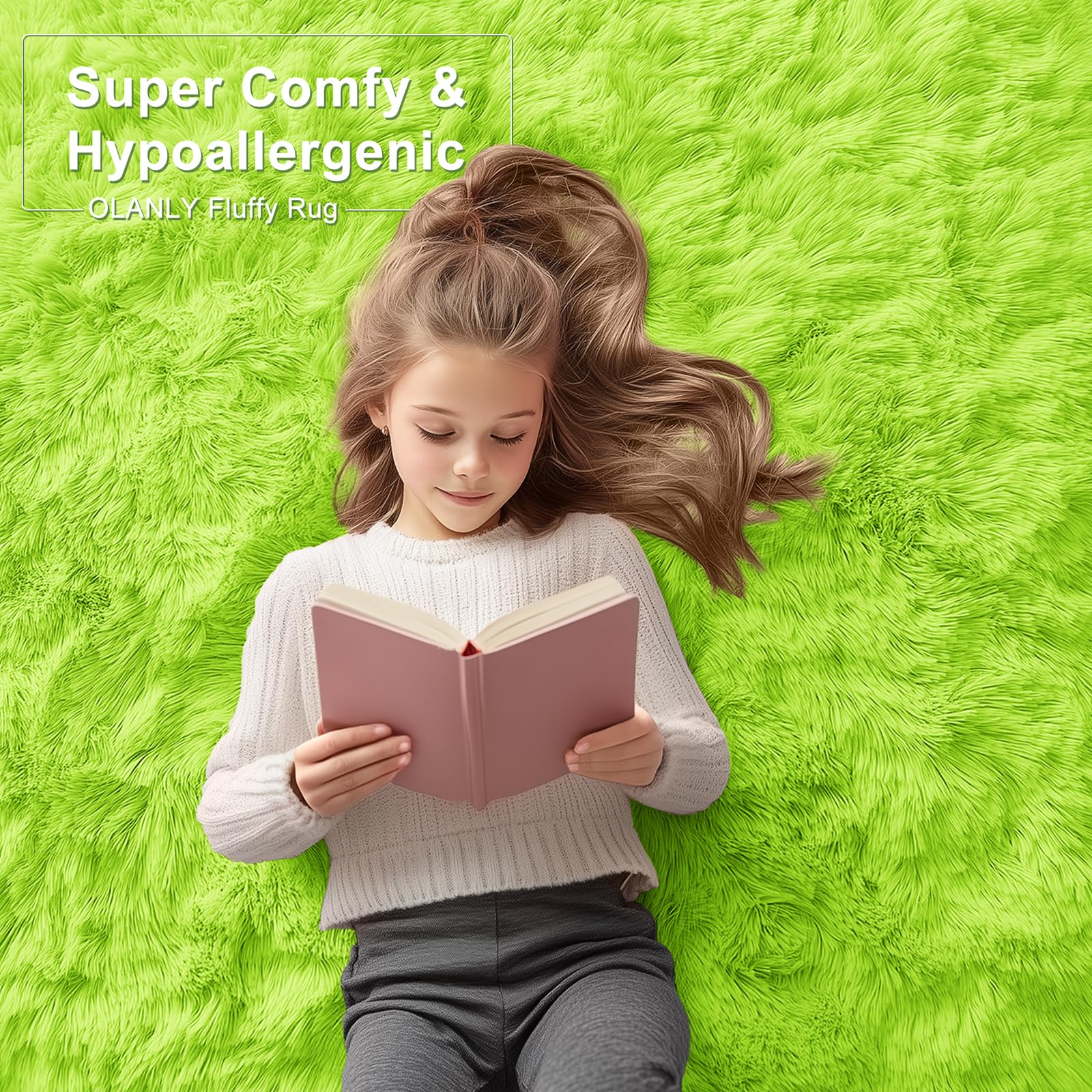 OLANLY 3x5 Machine Washable Small Bedside Rug, Soft Fluffy Shaggy Rugs for Living Room, Bedroom, Indoor Floor Carpet for Kids Girls and Boys, Preppy Dorms, Nursery, Home Decor Aesthetic, Lime Green