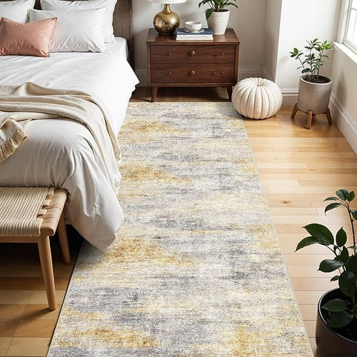 2x6 Runner Rug Washable Abstract: Non Slip Kitchen Floor Mat Grey/Yellow
