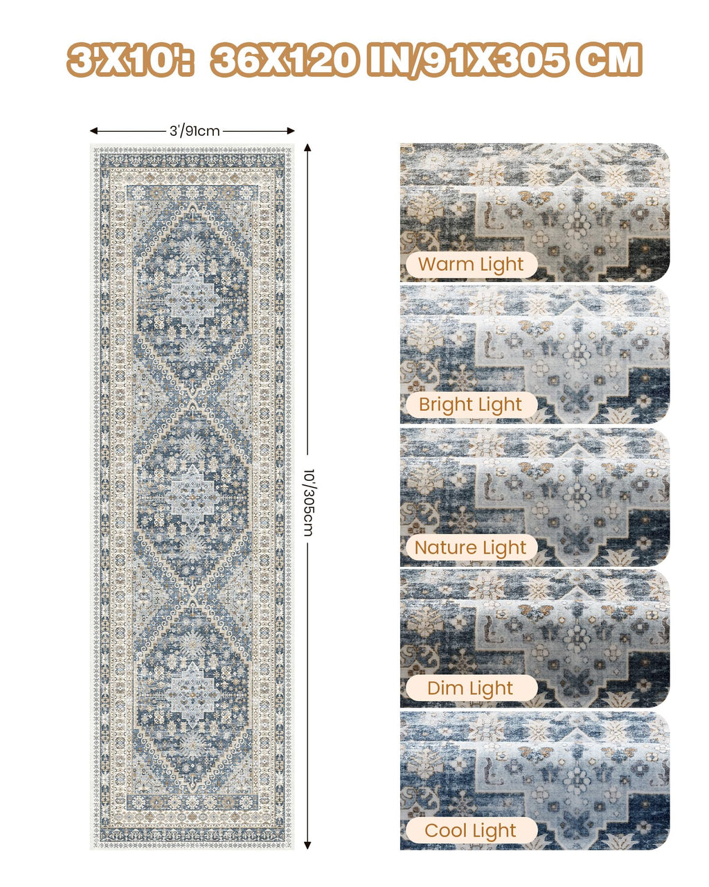 Restydon 3x10 Runner Rug Non Slip Washable Hallway Runner, Blue/Beige