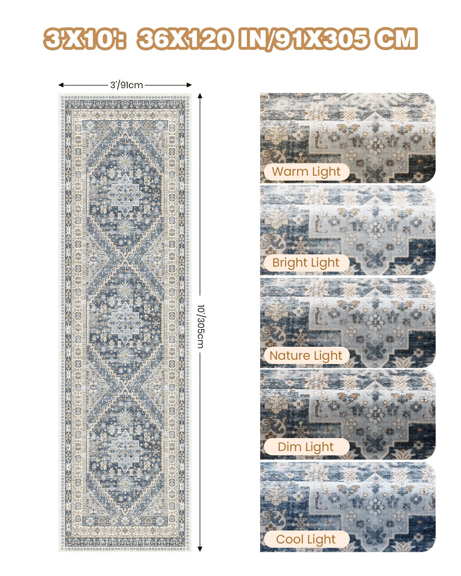 Restydon 3x10 Runner Rug Non Slip Washable Hallway Runner, Blue/Beige