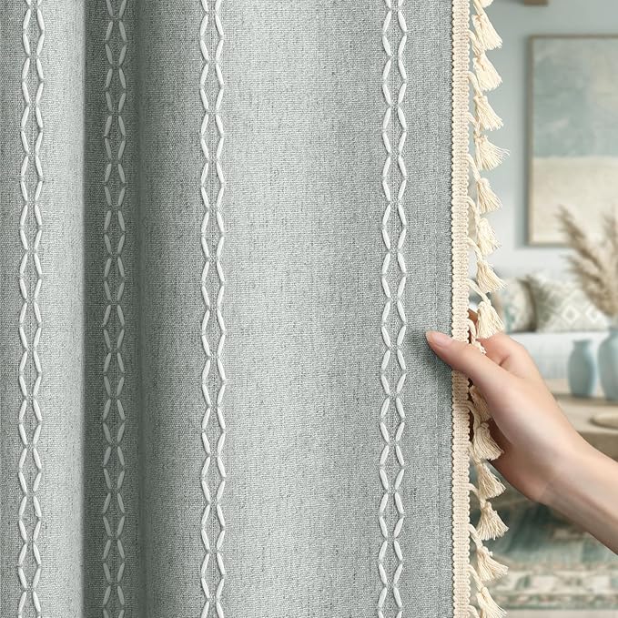 Teal Boho Blackout Curtains 2 Panels 84 Inch for Living Room Bedroom, Light Green Linen Texture Farmhouse Curtains with Tassels and White Cotton Embroidery Vintage Rustic Country Western